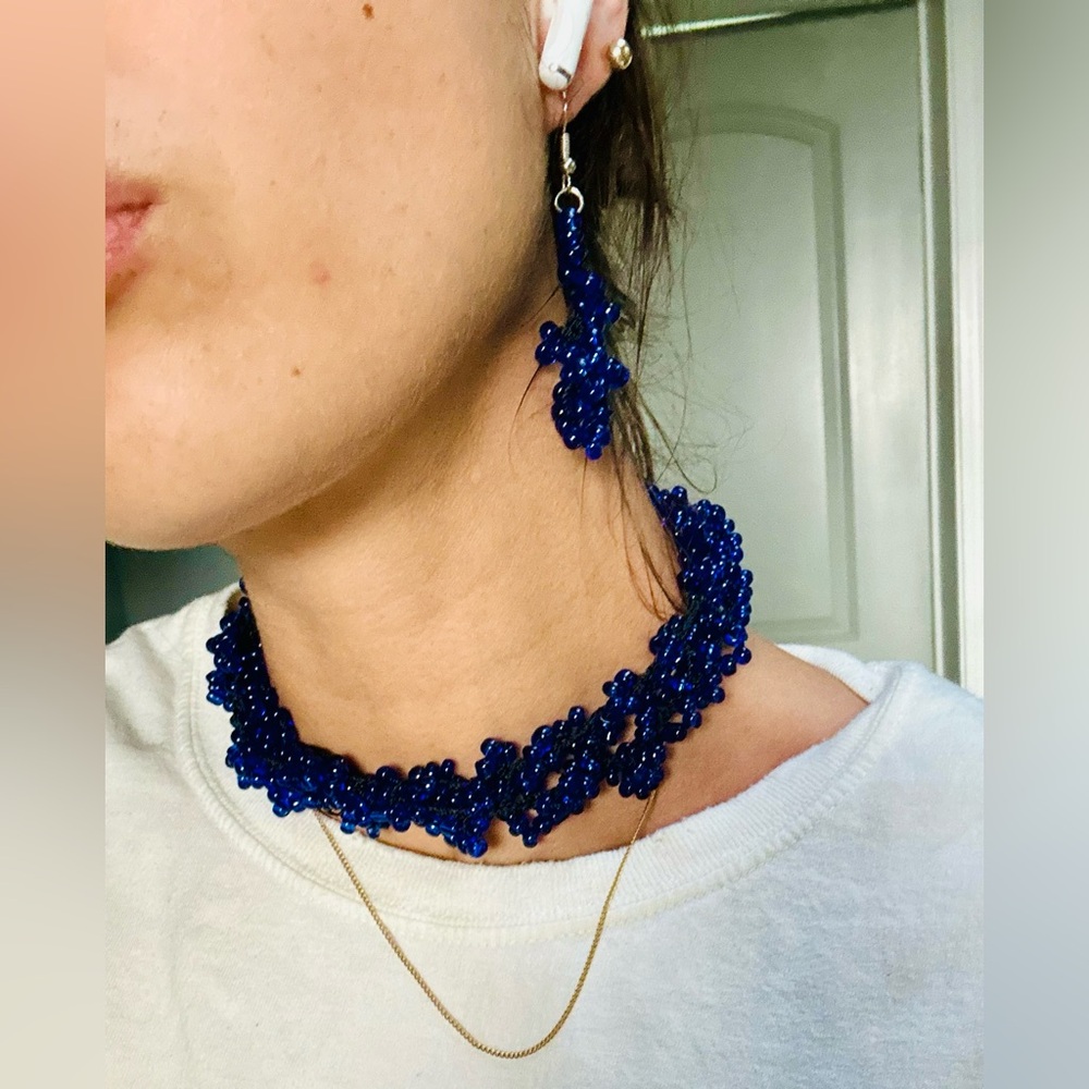 Blue Beaded Necklace and Earring Set